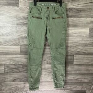 Deluxe Moto Womens Stacked‎ Skinny Jeans Green Pockets Mid Rise Denim 4